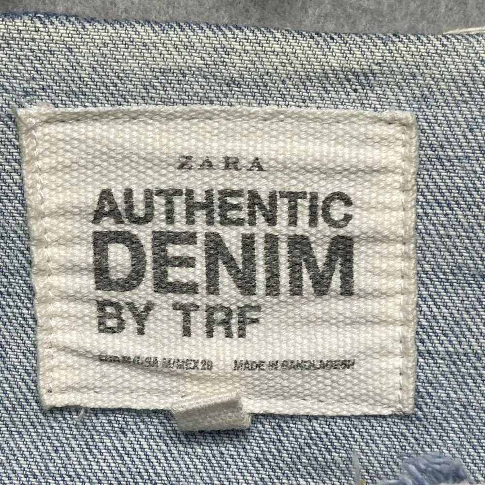 Zara TRF Authentic Denim Oversized Collarless Distressed Jean Jacket Multi - Picture 2 of 7